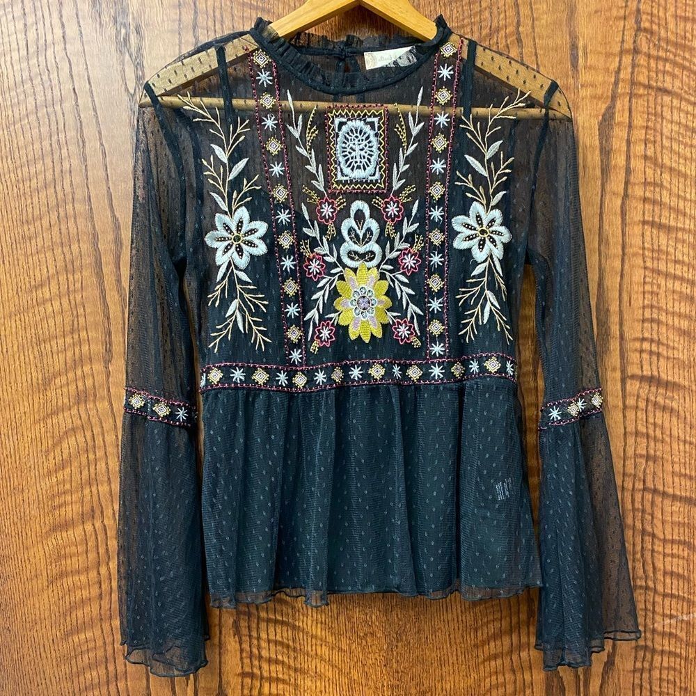 ALTAR’D State black sheer mesh embroidered boho long sleeve tunic top